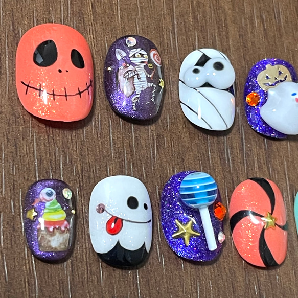 A54 ハロウィン ゾンビ ミイラ おばけ お菓子 かぼちゃ ネイルチップ 2枚目の画像