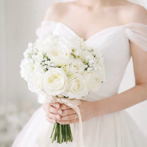 結婚式　造花 ブーケ　ホワイトローズ ホワイトローズブーケ 造花 ウェディングブーケ ブートニア付き 結婚式