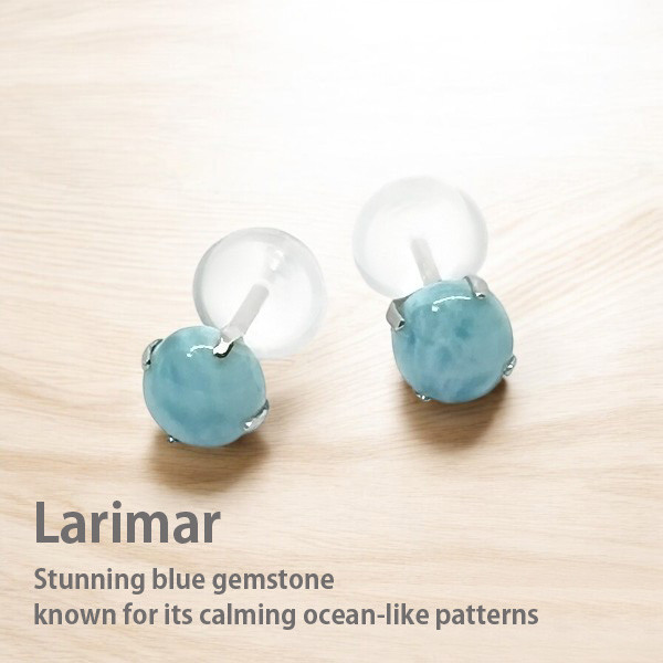 Pt900 プラチナ 製 ラリマー ピアス 4mm ラウンド カボッション 天然石 ブルーペクトライト スタッドピアス