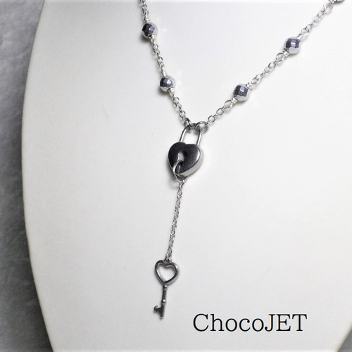 シルバービーズのステンレス・キーロックネックレス ハート型錠鍵銀色