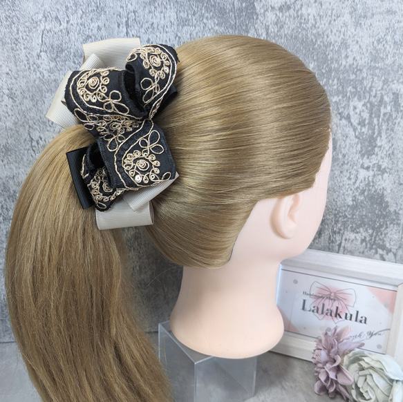 大人可愛いリボン半月アーチバナナクリップ☆レース刺繍リボン×ミンクファー 大人可愛いリボン半月アーチバナナクリップ☆レース刺繍リボン×ミンク