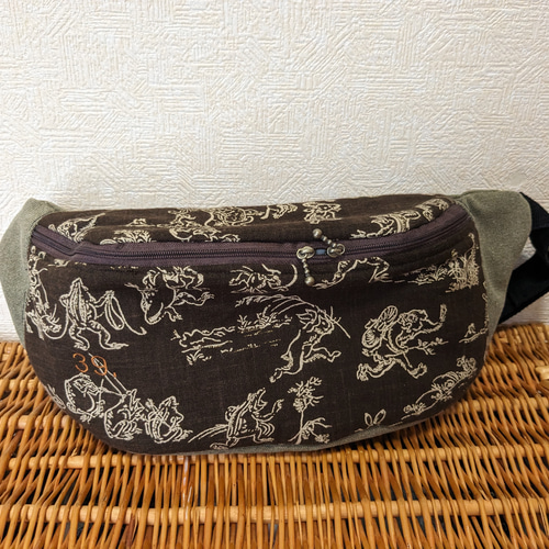 ユニセックス 鳥獣戯画帆布ボディバッグ茶×カーキウエストバッグ