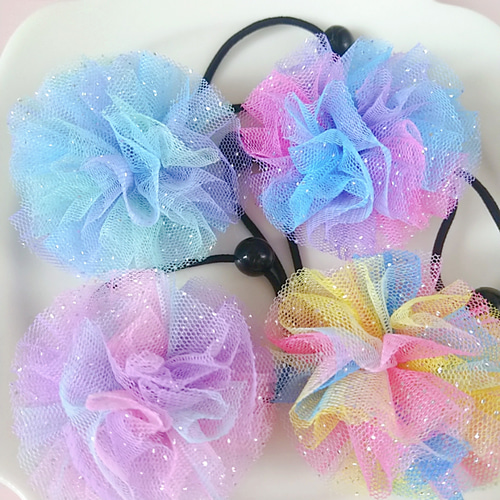 2個セット♡レインボーカラーのポンポンチュールりぼん 虹色 ボンボン