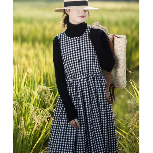 ギンガムチェック 重ね着ジャンパースカート ウエストリボン ポケット