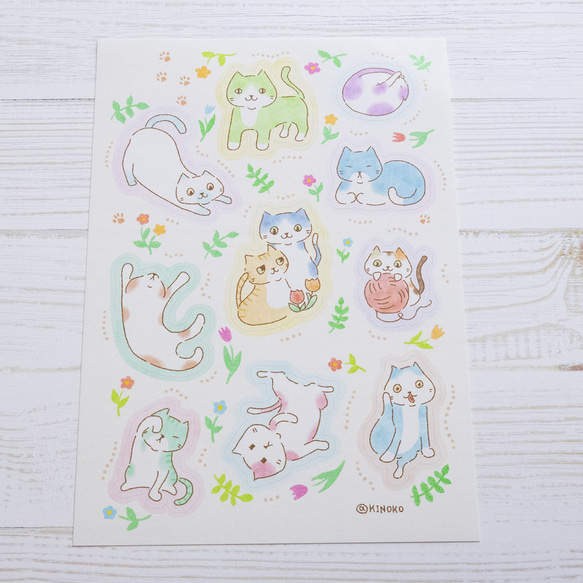 いろんなねこ シール B6 / グッズ シール イラスト 猫 絵本風 シール