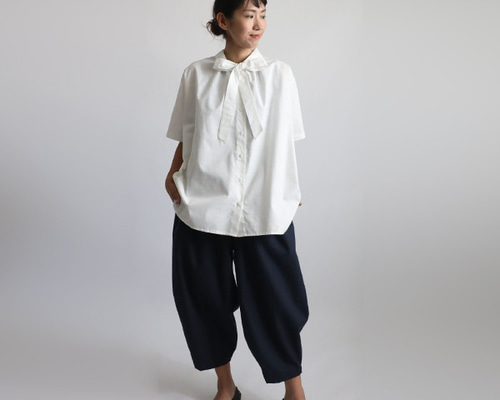 最終ＳＡＬＥ　ギマ擬麻コットン　ボウタイ　リボンタイ　燕尾裾ブラウス　シャツ　前開き羽織りもの　マスタード　T34A 最終SALE ギマ擬麻コットン ボウタイ リボンタイ 燕尾裾