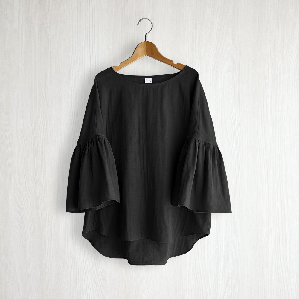 ギャザー袖プルオーバー_ダブルガーゼオーガニック綿100％_Black