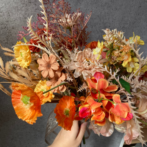 オレンジ・ブラウン・ピンクの秋色コーラルブーケ】アーティフィシャル