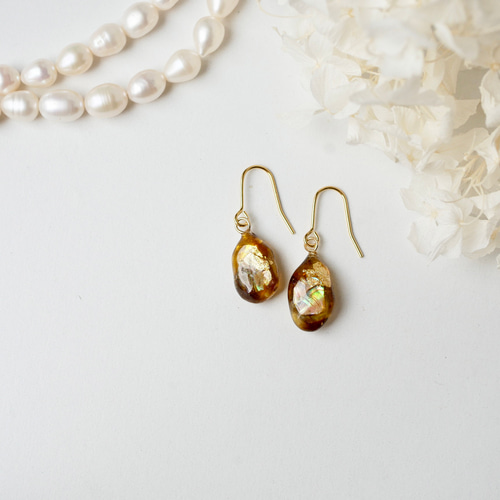 【281】べっ甲 ピアス つぶつぶ ガラス イヤリング ゴールド ハンドメイド べっ甲ガラスと本物貝殻のjewelryピアスorイヤリング ピアス（フック