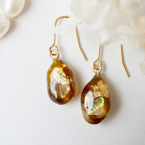 【281】べっ甲 ピアス つぶつぶ ガラス イヤリング ゴールド ハンドメイド べっ甲ガラスと本物貝殻のjewelryピアスorイヤリング ピアス（フック