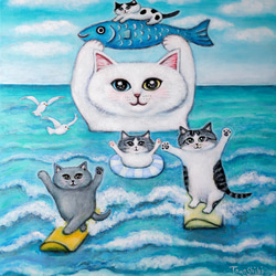 原画「大白猫の住む南の島の海で」 F10号 #猫の絵 #絵画 #海 #猫