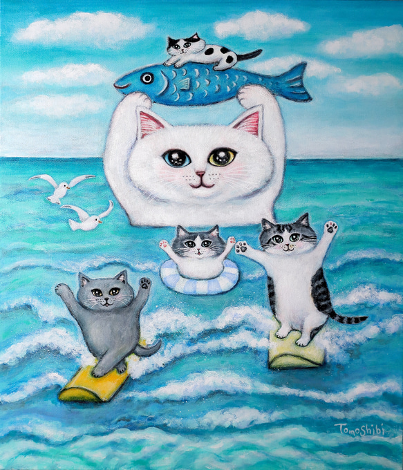 絵画。原画手描【猫は美しい花の海で楽しく遊んでいる】04