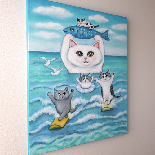 原画「大白猫の住む南の島の海で」 F10号 #猫の絵 #絵画 #海 #猫