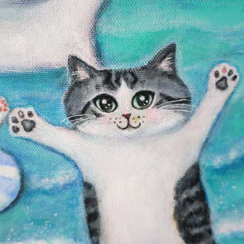 猫　サーフィン　サバトラ　とら猫　サーファー猫　夏　日本画　絵画　原画　海 猫 サーフィン サバトラ とら猫 サーファー猫 夏 日本画 絵画