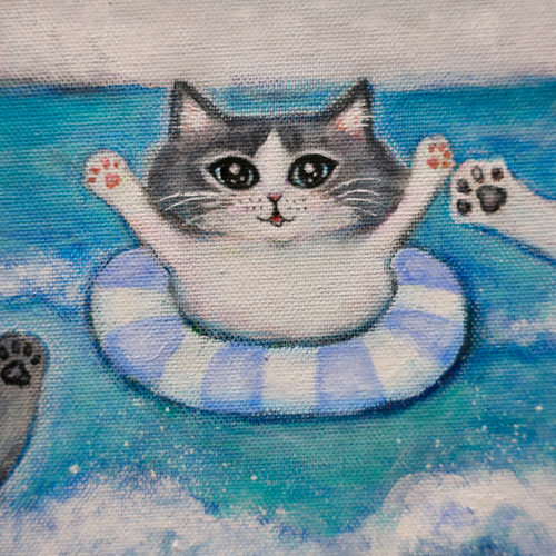 絵画 インテリア 油絵 F4-040214 白猫の親子 \" どこ行くの？” 絵 油絵 F4-072219 可愛い子猫たち 子猫。絵画。