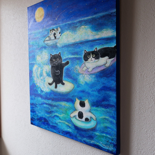 原画「星空の海のモノトーンキャッツ」 F10号 #猫の絵 #ねこ #海 #猫
