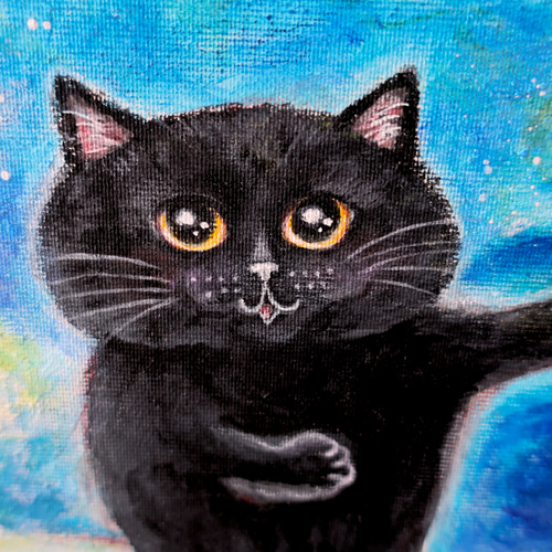 絵画。原画☆キャンバス F10【夜、黒猫が星を抱いて願い事をする】 原画「星空の海のモノトーンキャッツ」 F10号 #猫の絵 #ねこ #海 #猫