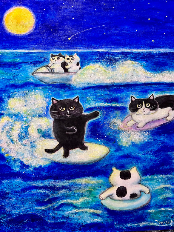 スーパーセール】 絵画。原画【二匹の猫が一緒にデートの道に