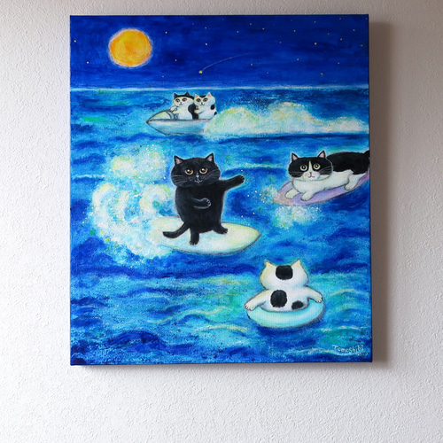 猫 サーフィン サバトラ とら猫 サーファー猫 夏 日本画 絵画