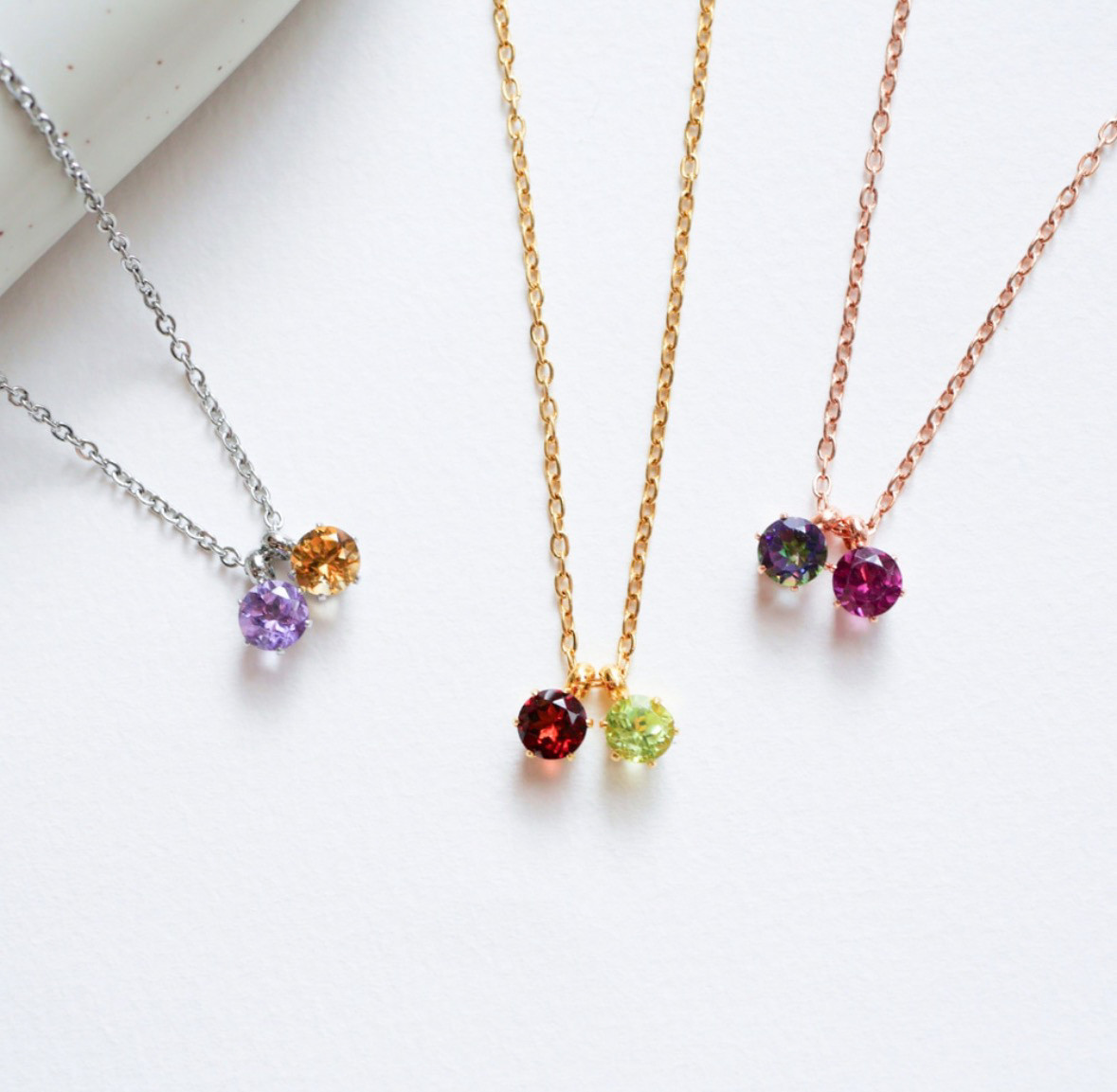 選べる二粒の誕生石ネックレス　ゴールド/シルバー/ピンクゴールドネックレス　サージカルステンレス　つけっぱなしOK　小粒