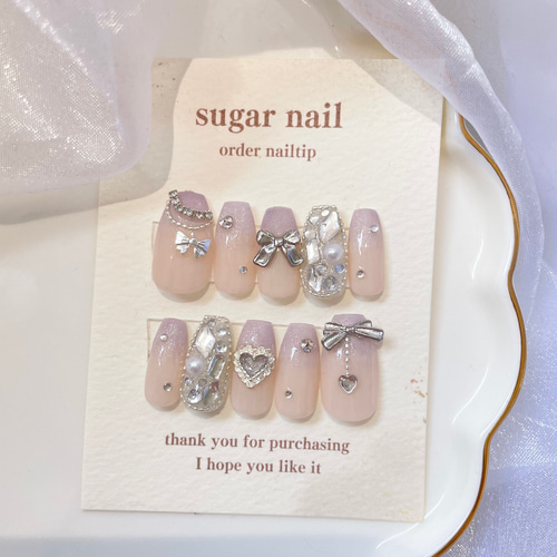 【オーダー】ネイルチップ　ネイピー　手書きリボン　ミラー　韓国ワンホン　キラキラ オーダー】ネイルチップ ネイピー 手書きリボン ミラー 韓国