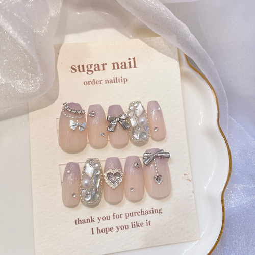 【オーダー】ネイルチップ　キラキラ　韓国ワンホン　フレンチネイル　リボン　ブルー c462b729472fd50895ba962a7fdd44