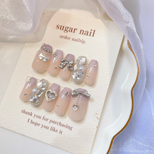 【オーダー】ネイルチップ　ワンホン韓国　リボン　手書きハート　キラキラ　推し参戦 ネイルチップ ワンホンネイル 韓国ネイル リボン ハート