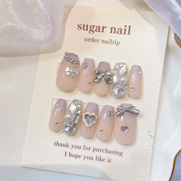 ネイルチップ 韓国ネイル くすみブルー キラキラ リボンネイル