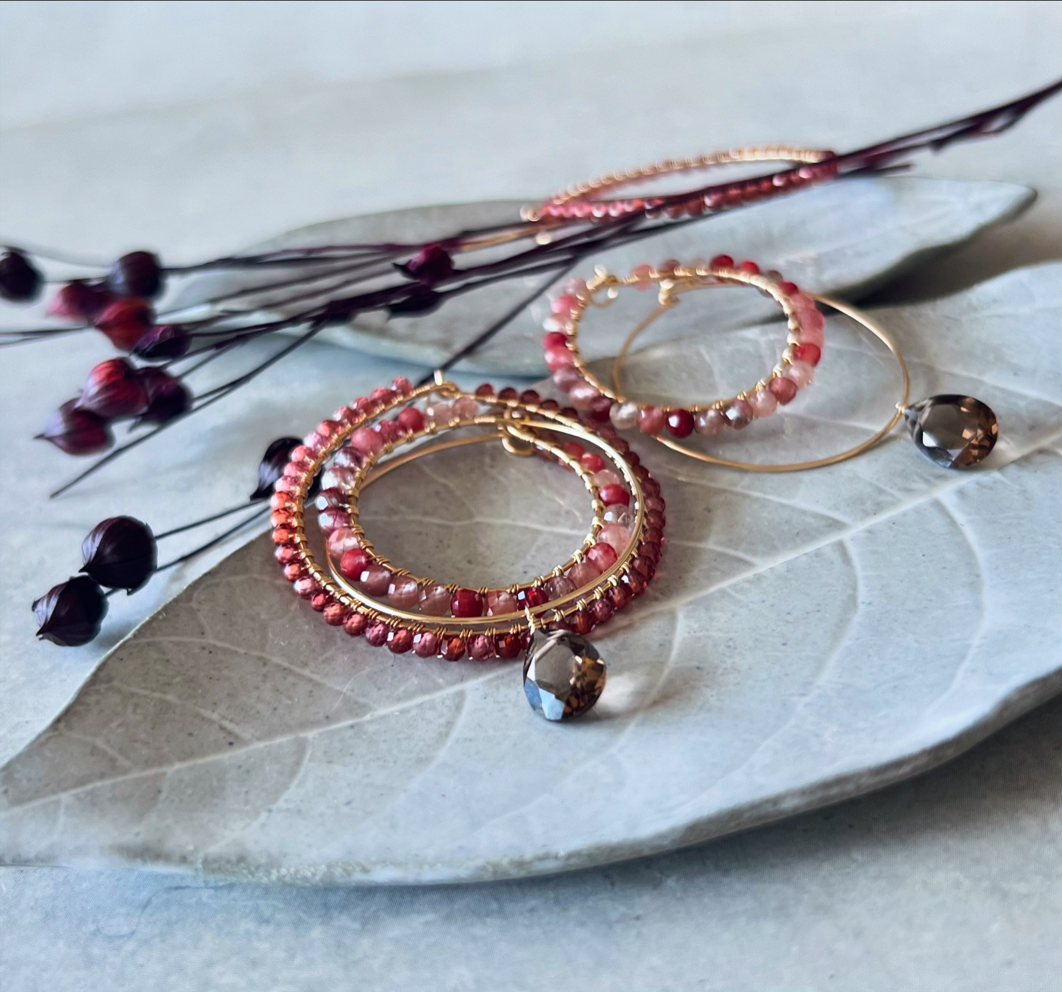フープ 着せ替えチャーム/ピアス/イヤリング【アンデシン＆ガーネット＆スモーキークォーツ】14kgf 秋