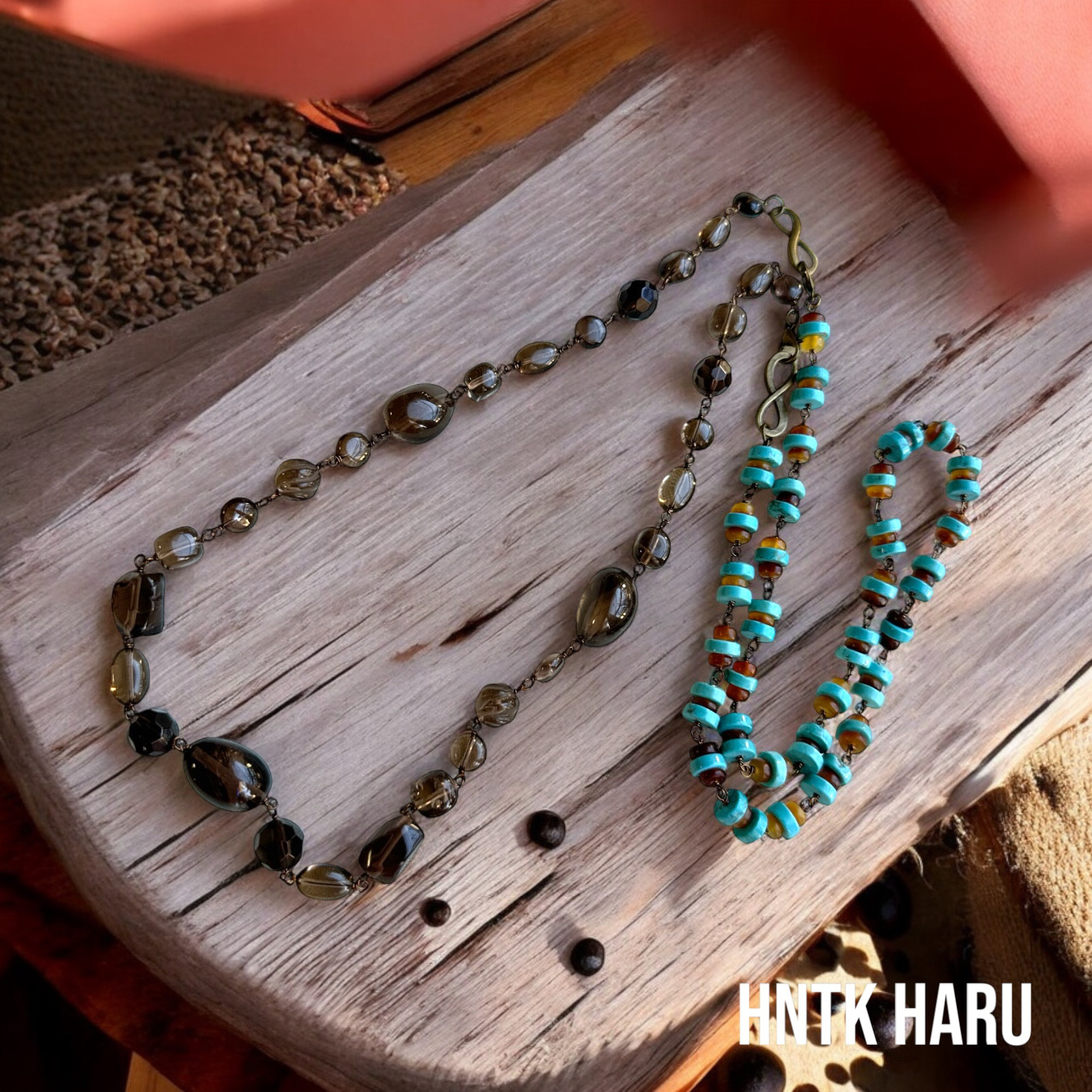 HNTK スモーキークォーツ＆マグネサイトターコイズ2本セットネックレス　N0708
