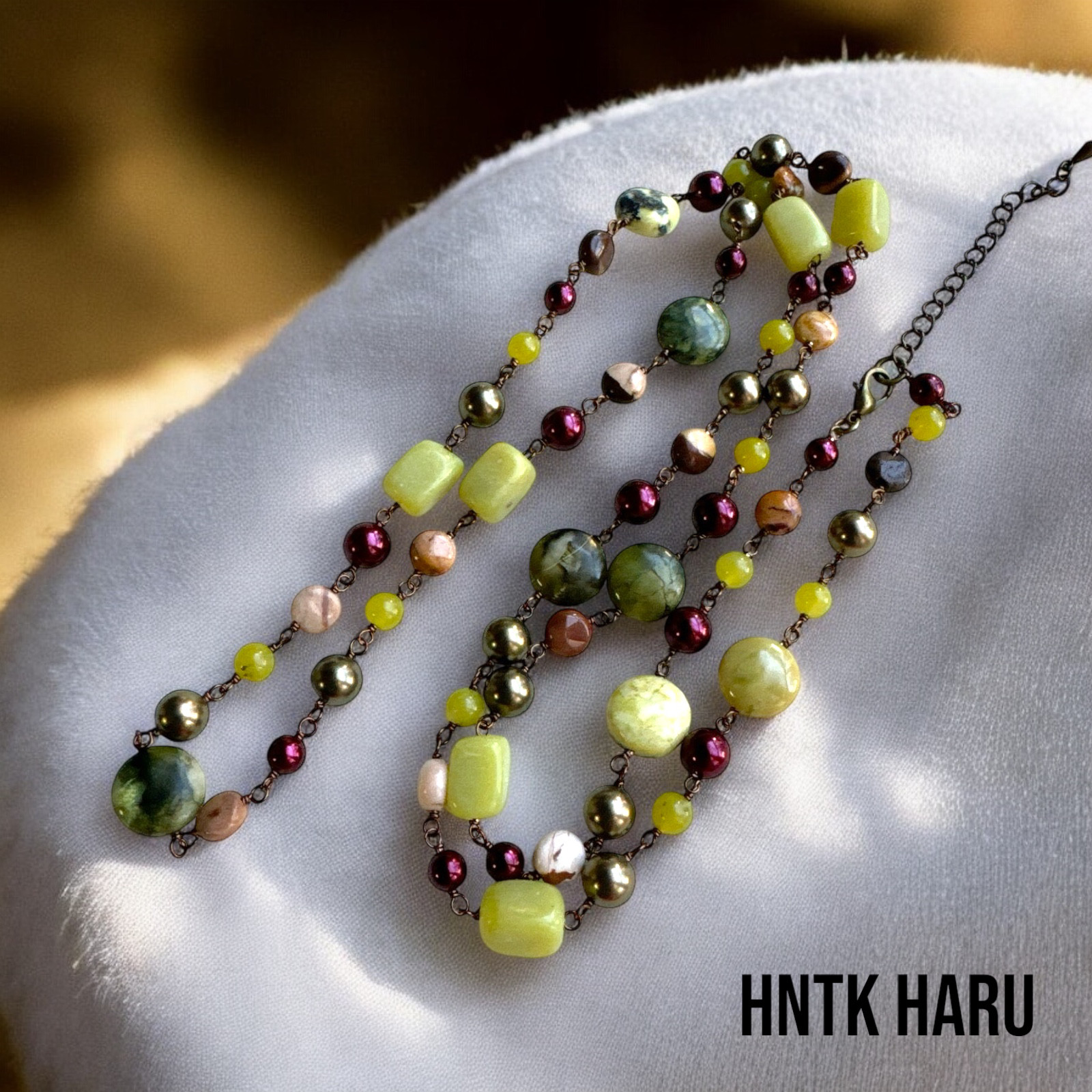 HNTK イエローターコイズ＆オリーブジェイド ロングネックレス　N0709