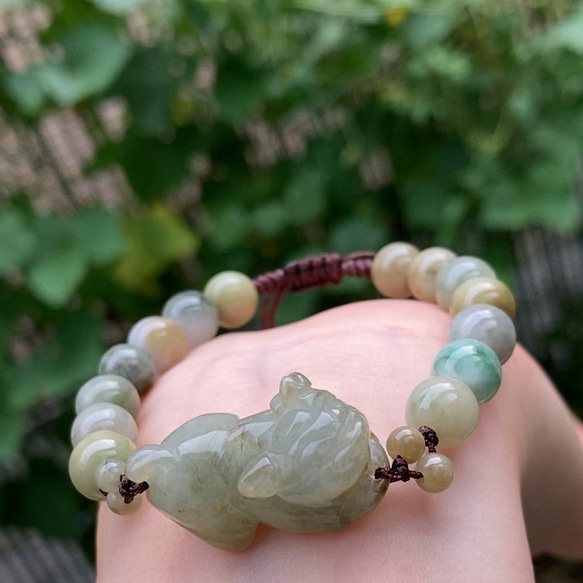 翡翠 天然石 ミャンマー産本翡翠 手編み貔貅ブレスレット ブレスレット  