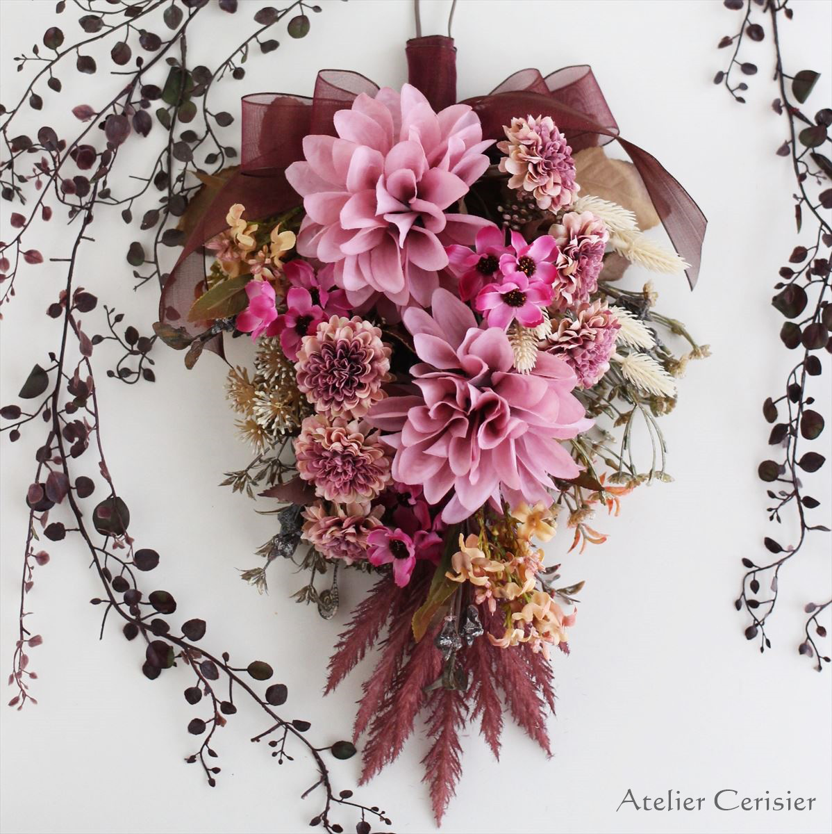 ☆ダリア＆コスモス スワッグ Lサイズ アンティークピンク ＜アーティフィシャルフラワー＞