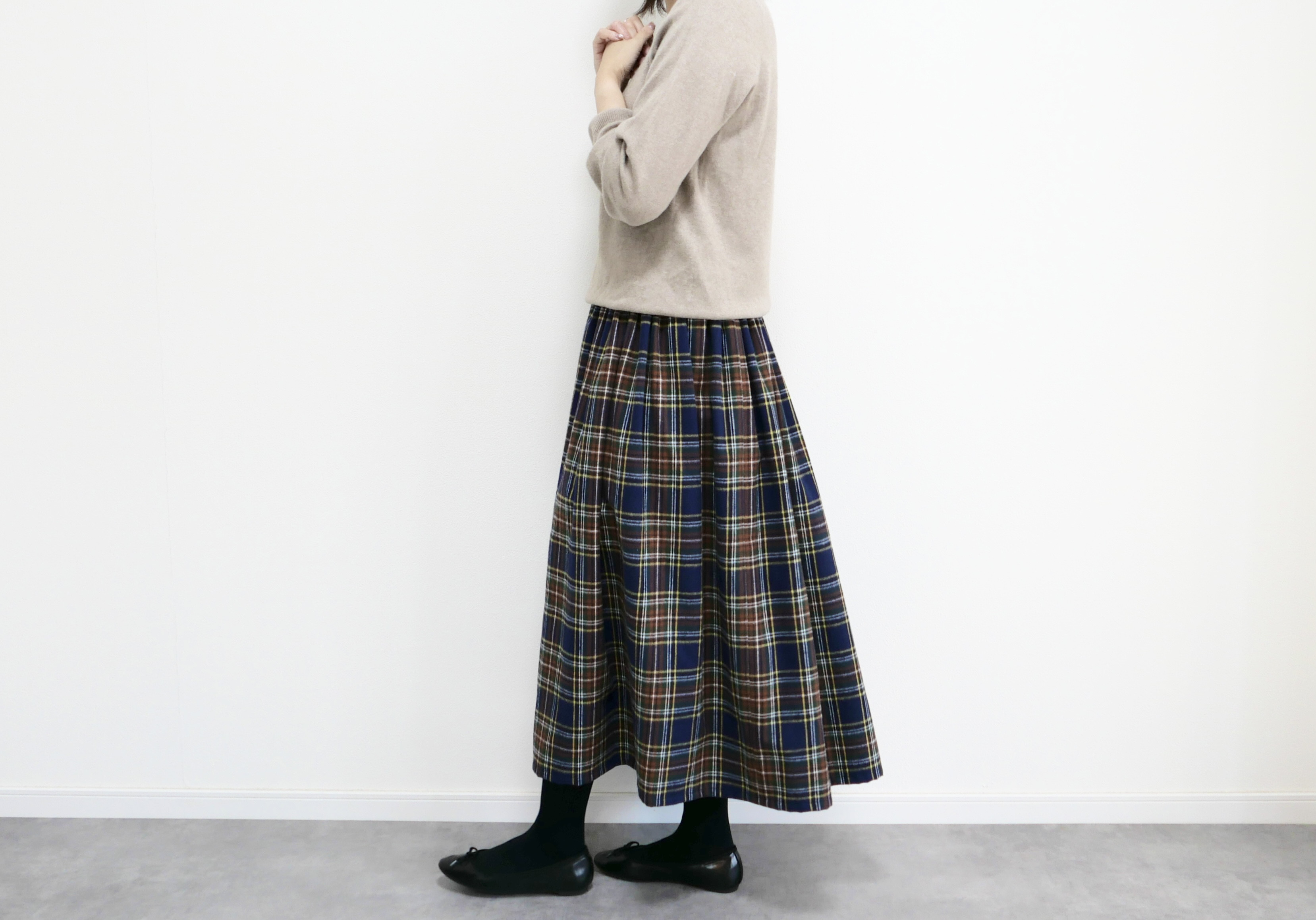 上質シャギーチェックのギャザースカート creema 新品 オリーブグリーン