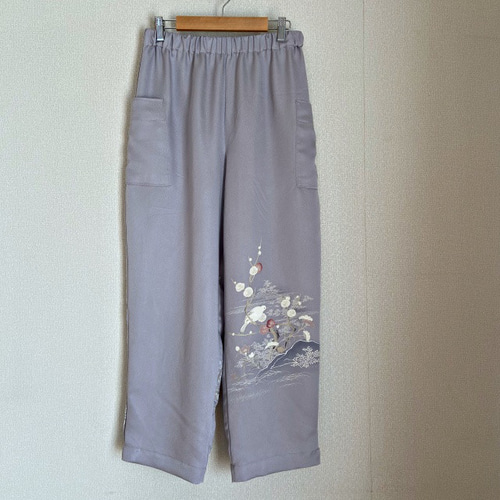 鳥の居る風景 手描き 着物リメイク コクーンパンツ ロングパンツ  