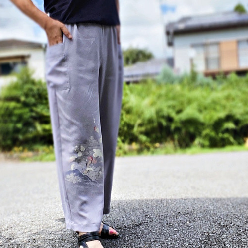 鳥の居る風景 手描き 着物リメイク コクーンパンツ ロングパンツ  