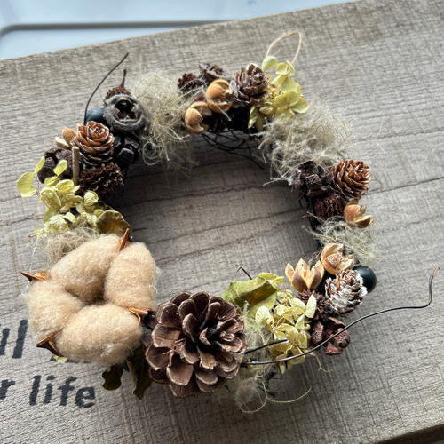 木の実とコットンフラワーのリース アナベル スモークツリー ドライ