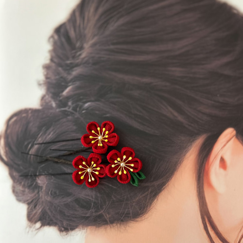 梅の花のUピン3本セット つまみ細工 赤 かんざし otowa 通販 18199194