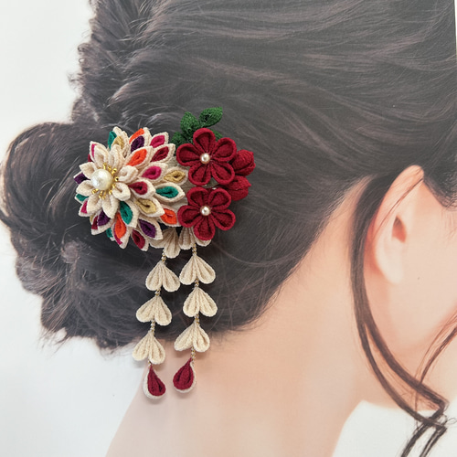 七五三髪飾り⭐つまみ細工⭐セミオーダー つまみ細工 マルチカラーのお花髪飾り 七五三 レトロ かんざし otowa