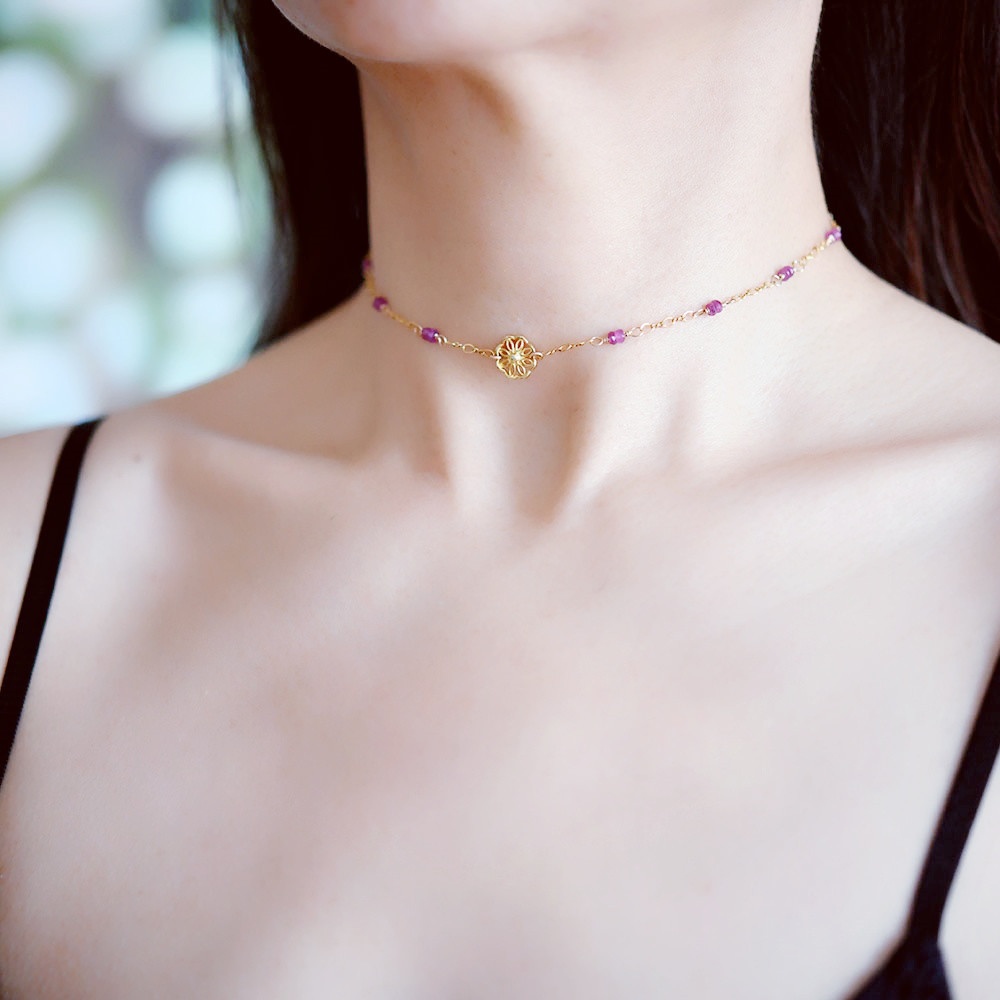 数量限定 金木犀とピンクサファイアのチョーカーネックレス アジャスター付 9月誕生石