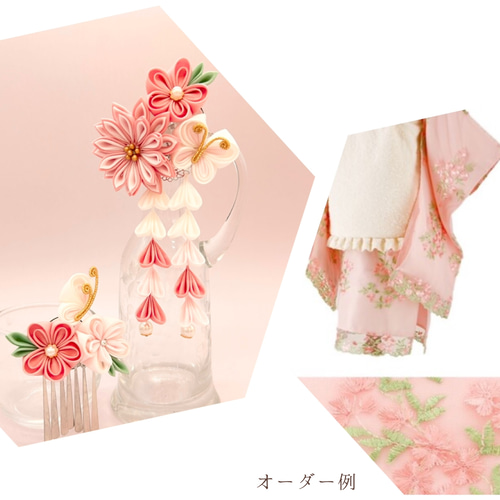 つまみ細工髪飾り蝶々ダリアマム透かしピンクきなりゴールドパール