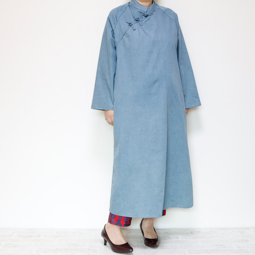 チャイナカラーワンピース シノワズリな衿元 ゆったりデザイン