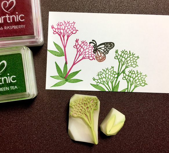 藤袴（フジバカマ）の消しゴムはんこ（持ち手つき）＆押し方見本ミニカード 1枚目の画像