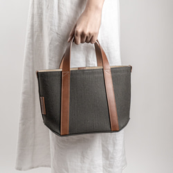 2サイズから選べる 倉敷の綿麻帆布で仕立てたレザーハンドルトート(カーキ Khaki) 2枚目の画像