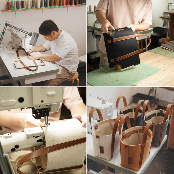 2サイズから選べる 倉敷の綿麻帆布で仕立てたレザーハンドルトート(カーキ Khaki) 20枚目の画像