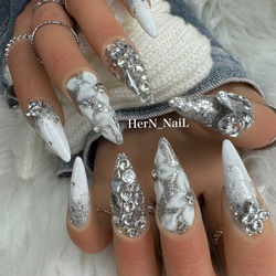 ネイルチップ 白 キラキラ シルバー ちゅるん 派手 フルオーダーネイル 41d27bb09a4dfd2f0e99cbbb6780e7