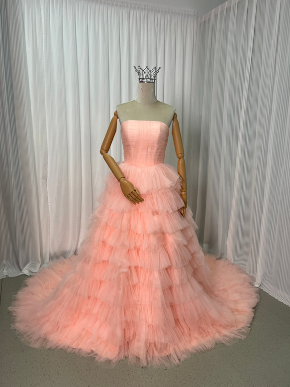 送料無料！ピンクウエディングドレス トレーン ベアトップ ベアトップ  