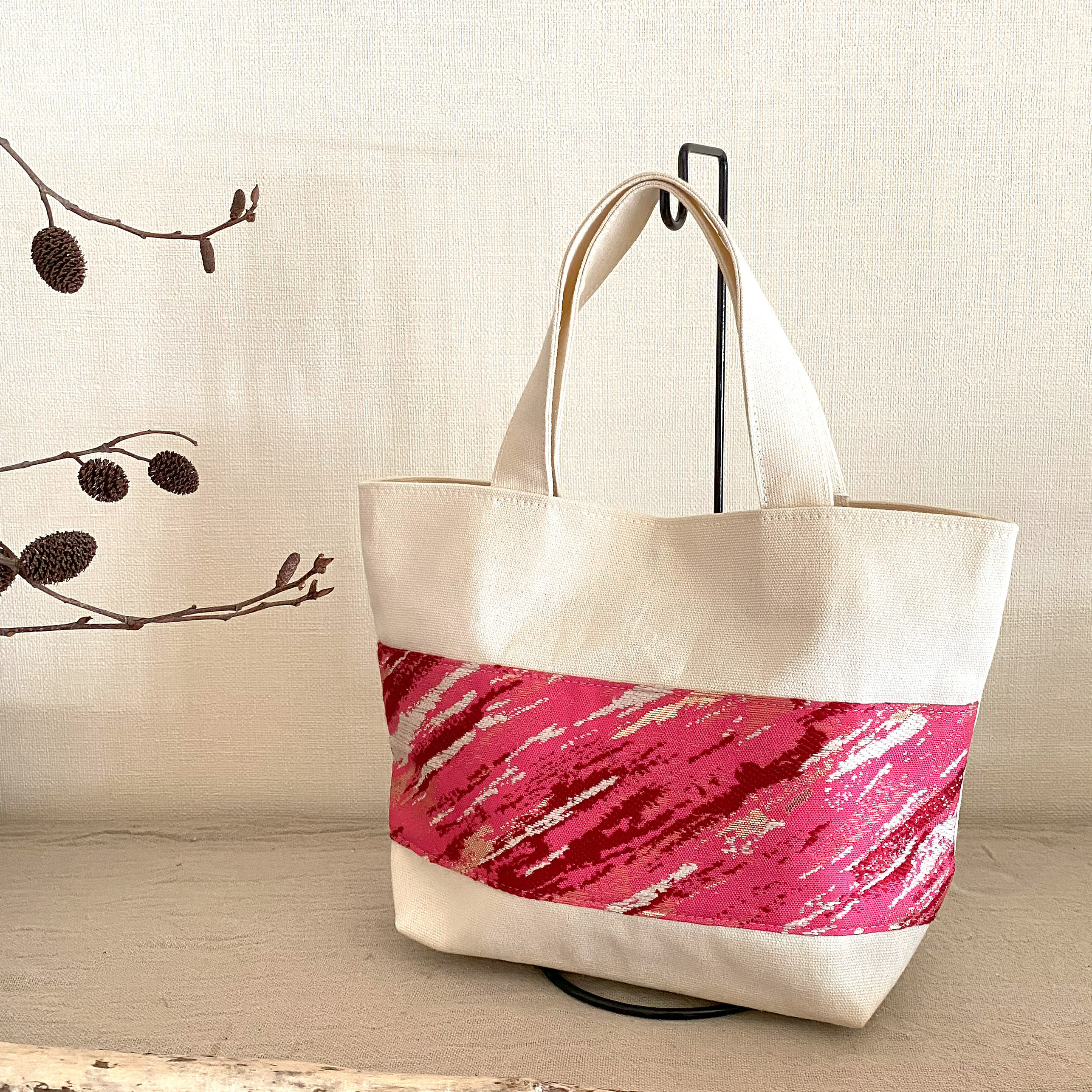 obiトートバッグ 『ピンク×斜紋』 帯/銘仙/シルク/帆布