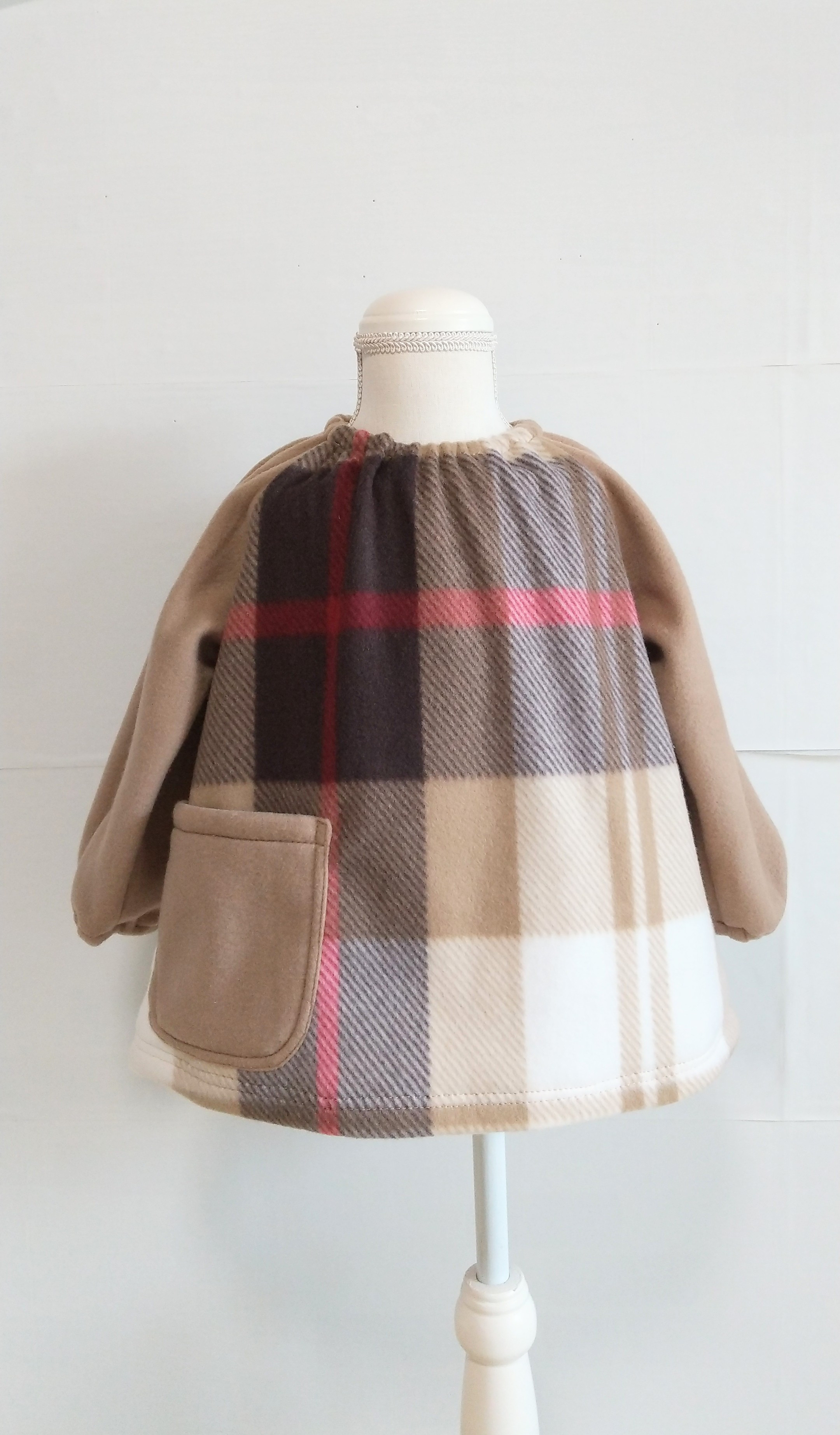 フリーススモック120size☆秋色タータンチェックベージュブラウン×モカ  