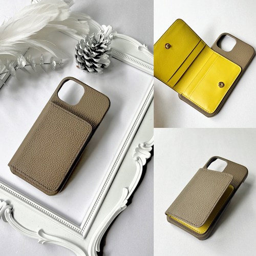3K 名入れ可｜バイカラー本革iPhoneケース（背面収納 ）Etaupe+